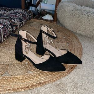 NEW! Black closed toed chunky heels with beaded tassels.